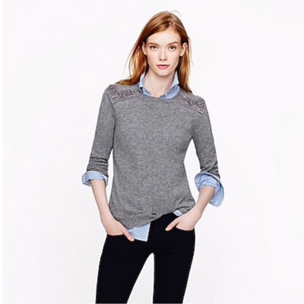 J Crew MEDIUM Jeweled Shoulder Sweater Wool Cashmere Embellished Jewel Gray Grey